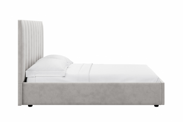 Спальня Дакота композиция 1 меренга, белый, с кроватью Ингрид/Ingrid 1600 велюр ультра смог/ultra smoke, пуф Альба 450 велюр ультра смог/ultra smoke