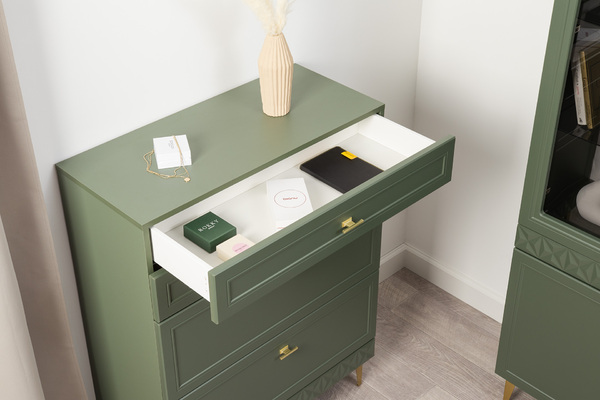 Комод Марион 16.249 дымчатый зеленый K521, олива шагрень AG 1050 ПВХ, белый PE шагрень