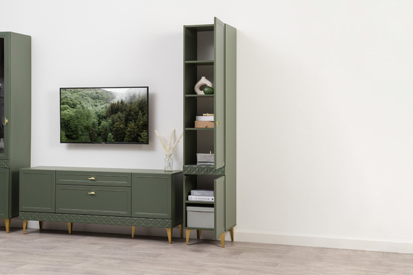 Гостиная Марион композиция 1 дымчатый зеленый K521, олива шагрень AG 1050 ПВХ, белый PE шагрень (собирается на любую сторону)