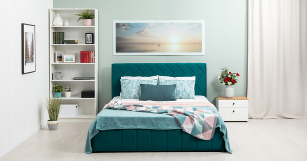 Кровать Милана 160 велюр сине-зеленый с ортопедическим основанием и подъемным механизмом