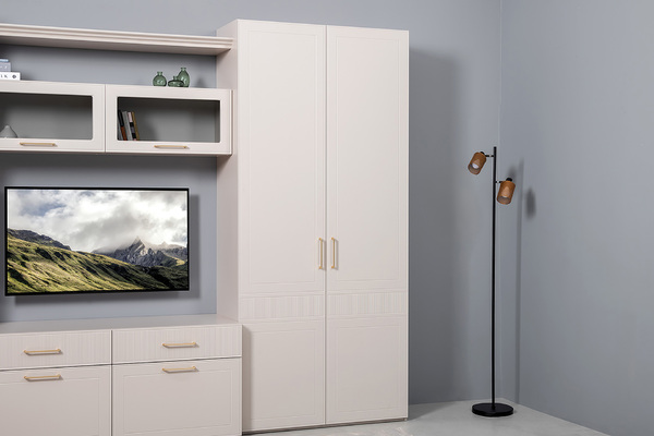 Гостиная Ричфорд композиция 1 с карнизами, кашемир 5981 BS, моно керамика D166-2 ПВХ, белый PE шагрень (собирается на любую сторону)