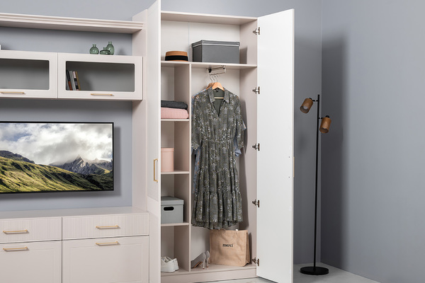 Гостиная Ричфорд композиция 1 с карнизами, кашемир 5981 BS, моно керамика D166-2 ПВХ, белый PE шагрень (собирается на любую сторону)