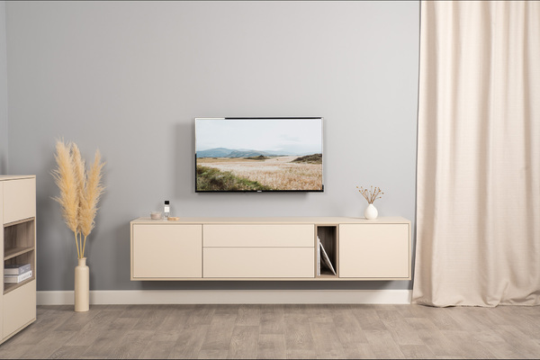 Тумба под ТВ Тайл 16.62 сатин 7045 SU, эмили блаш U9135, белый PE шагрень, напольная/навесная установка, собирается на любую сторону